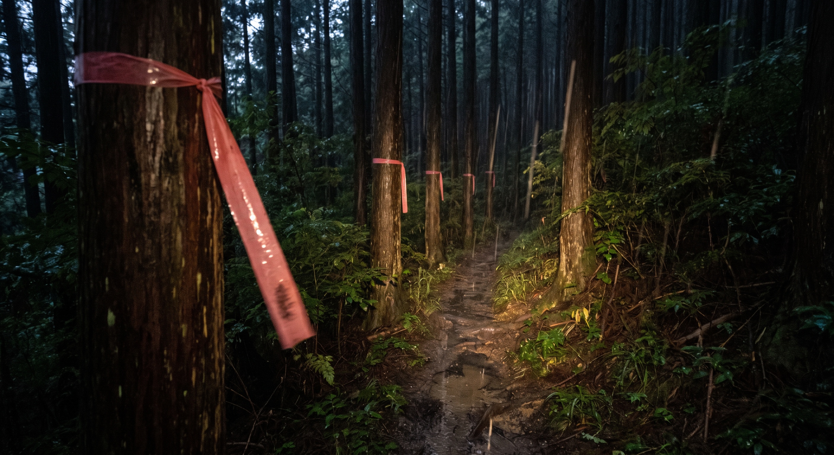 赤い登山テープが何度も現れる夜の山道